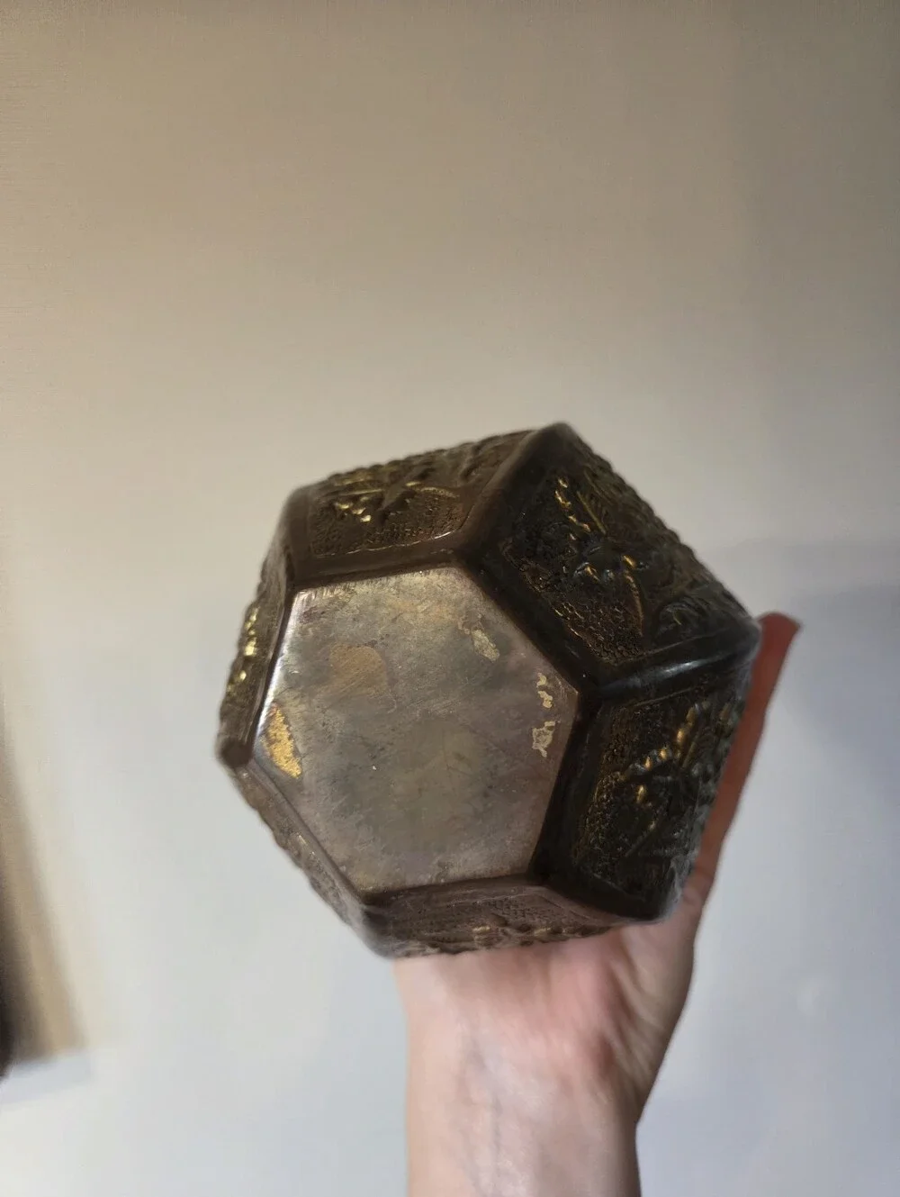Vintage Etched Brass Vase Hexagon Shape Grapevine Embossed Heavy Metal Home Deco
